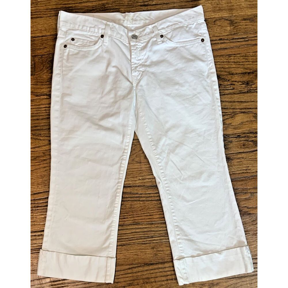 7 For All Mankind Jeans Women *30 White Denim Cropped‎ Embroidery 3" cuff USA